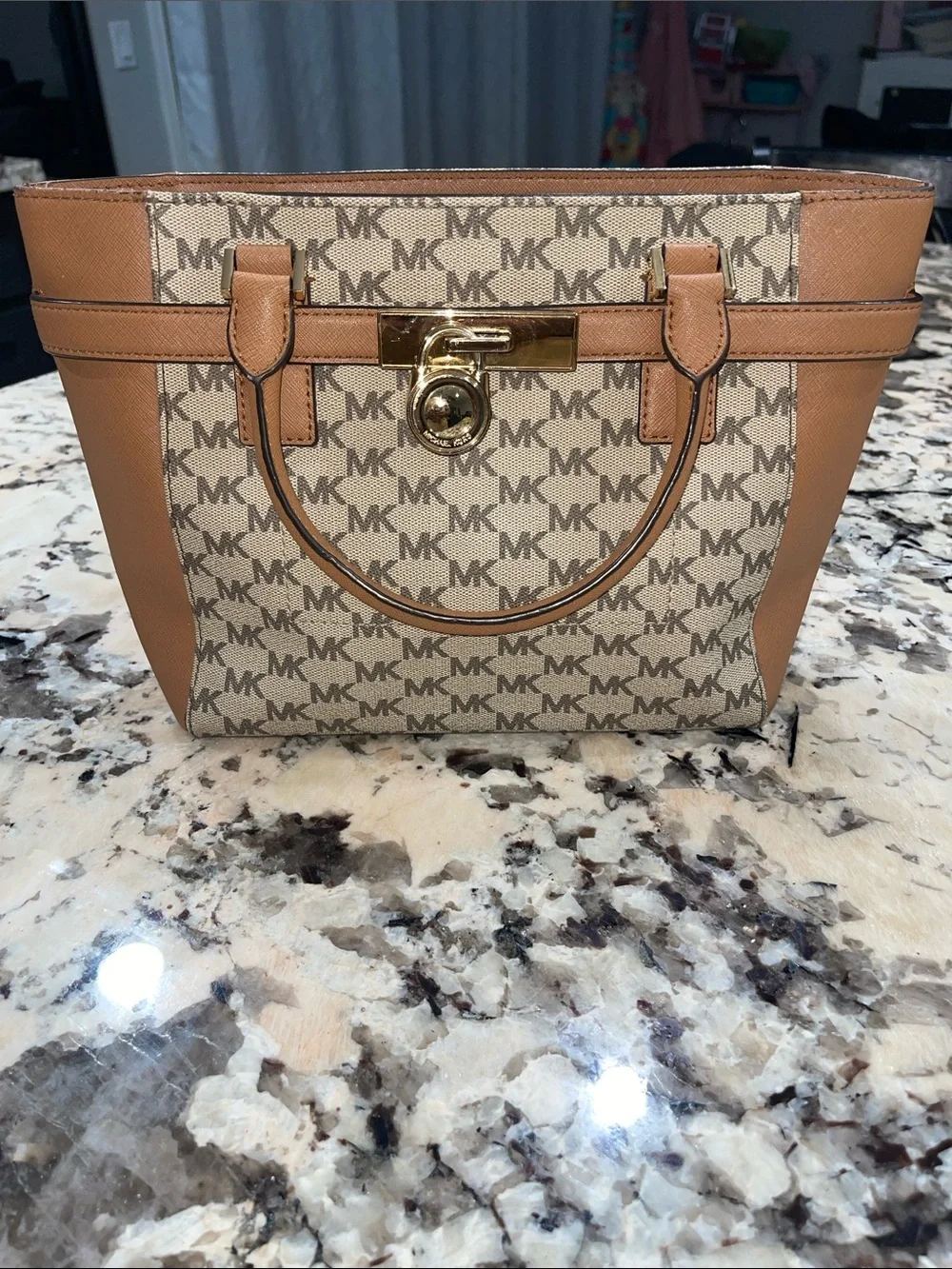 Michael Kors Beige MK Logo Satchel with Tan Trim and Gold Hardware